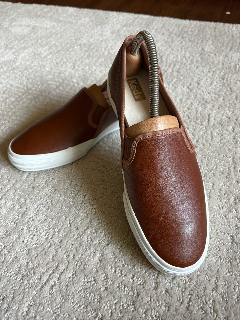 Keds Double Decker Cognac Brown Leather Slip On Platform Sneakers Women's 8.5